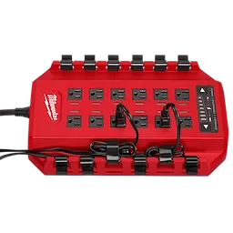The image shows a red Power Manager – 15 Amp Circuit by Milwaukee, featuring multiple AC outlets, integrated cord management, and indicator lights on the right. It is designed for efficient power distribution and organization.