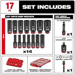 The SHOCKWAVE Impact Duty 3/8 in. Drive SAE Deep Well Impact PACKOUT Socket Set 17 Piece includes 14 drive deep sockets, a 3-inch extension, a universal joint, a socket adapter, an impact socket tray, and a compact organizer.