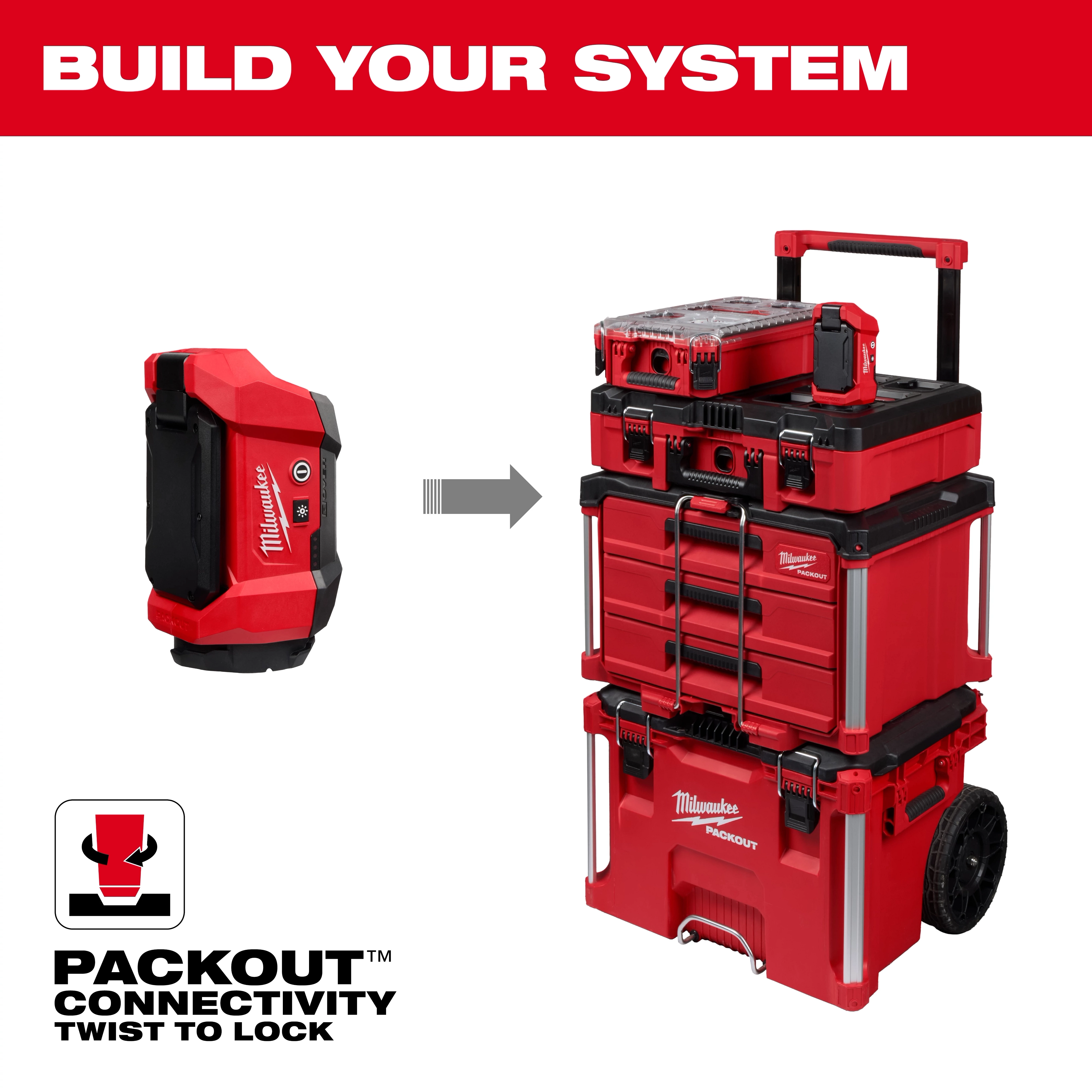 M12™ ROVER™ Multi-Directional Flood Light w/ PACKOUT™ Compatibility is shown with a modular tool storage system. The light connects to red PACKOUT™ cases with a twist-to-lock mechanism. The image includes the slogan "Build Your System" and indicates the stackable nature and secure connectivity of the PACKOUT™ products.