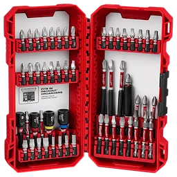 The SHOCKWAVE™ Impact Duty Driver Bit Set - 54PC features various bits and accessories neatly organized in a red, hard plastic case with labeled slots. The set is designed for durability and compatibility with PACKOUT™ organizers.
