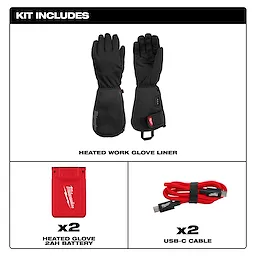 Heated Work Glove Liners kit includes black heated glove liners, two 2Ah batteries, and two USB-C cables. The gloves feature Milwaukee branding and are designed to keep hands warm in cold working conditions.