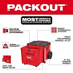 The image shows a red PACKOUT™ Rolling Drawer Tool Box by Milwaukee with features like quick one-handed opening, versatile dividers, a 250 lbs capacity, anti-jam weep holes, a fully collapsible handle, and 9-inch all-terrain wheels. The top banner highlights it as the most versatile and durable modular storage system.