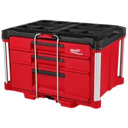 Red PACKOUT MULTI-DEPTH 3-DRAWER TOOL BOX with a black top, silver handles, and three spacious drawers for tool storage.