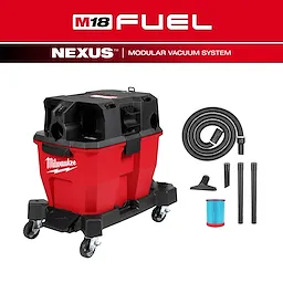 The M18 FUEL™ NEXUS™ 9 Gallon Dual-Battery Wet/Dry Vacuum is a red modular vacuum system on wheels. It features a robust black top with Milwaukee branding, optimized for wet and dry cleaning. Dual battery power ensures efficient and powerful operation for professional use.