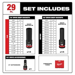 29PC SHOCKWAVE Impact Duty(TM) 1/2" Drive SAE & Metric Deep 6 Point Socket Set