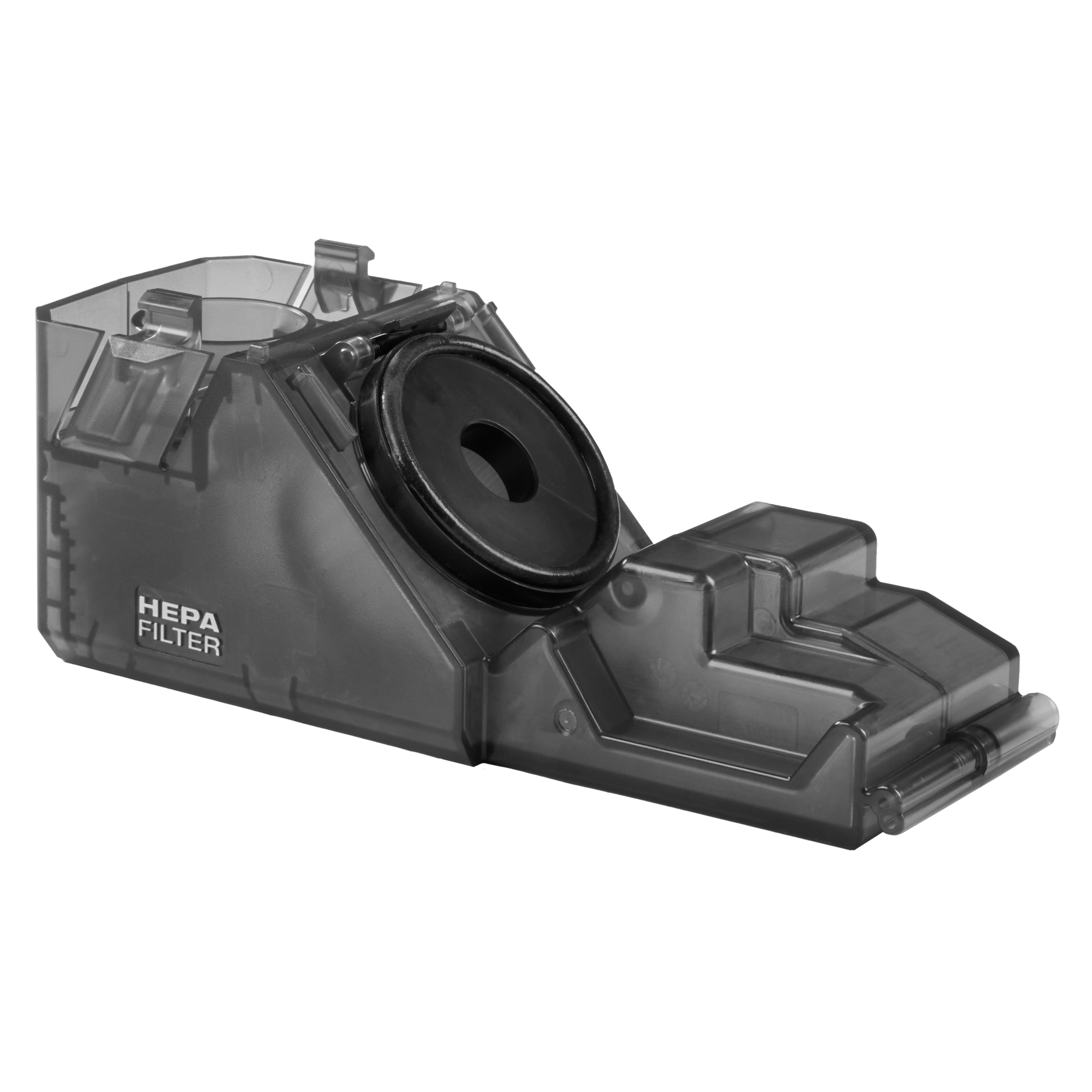 The image shows an M18 FUEL™ HAMMERVAC™ 5/8" Dedicated Dust Extractor, which features a HEPA filter. The transparent casing allows visibility of the internal components and filter system.