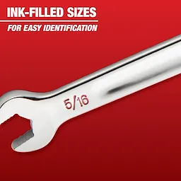 A silver wrench marked with the size 5/16 highlighted by ink-filled engraving for easy identification, against a red background with the text "Ink-filled sizes for easy identification." The image relates to Mechanic Hand Tools.