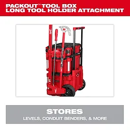 A red Packout tool box with a long tool holder attachment. The attachment is designed to store levels, conduit benders, and more, as indicated by the text.