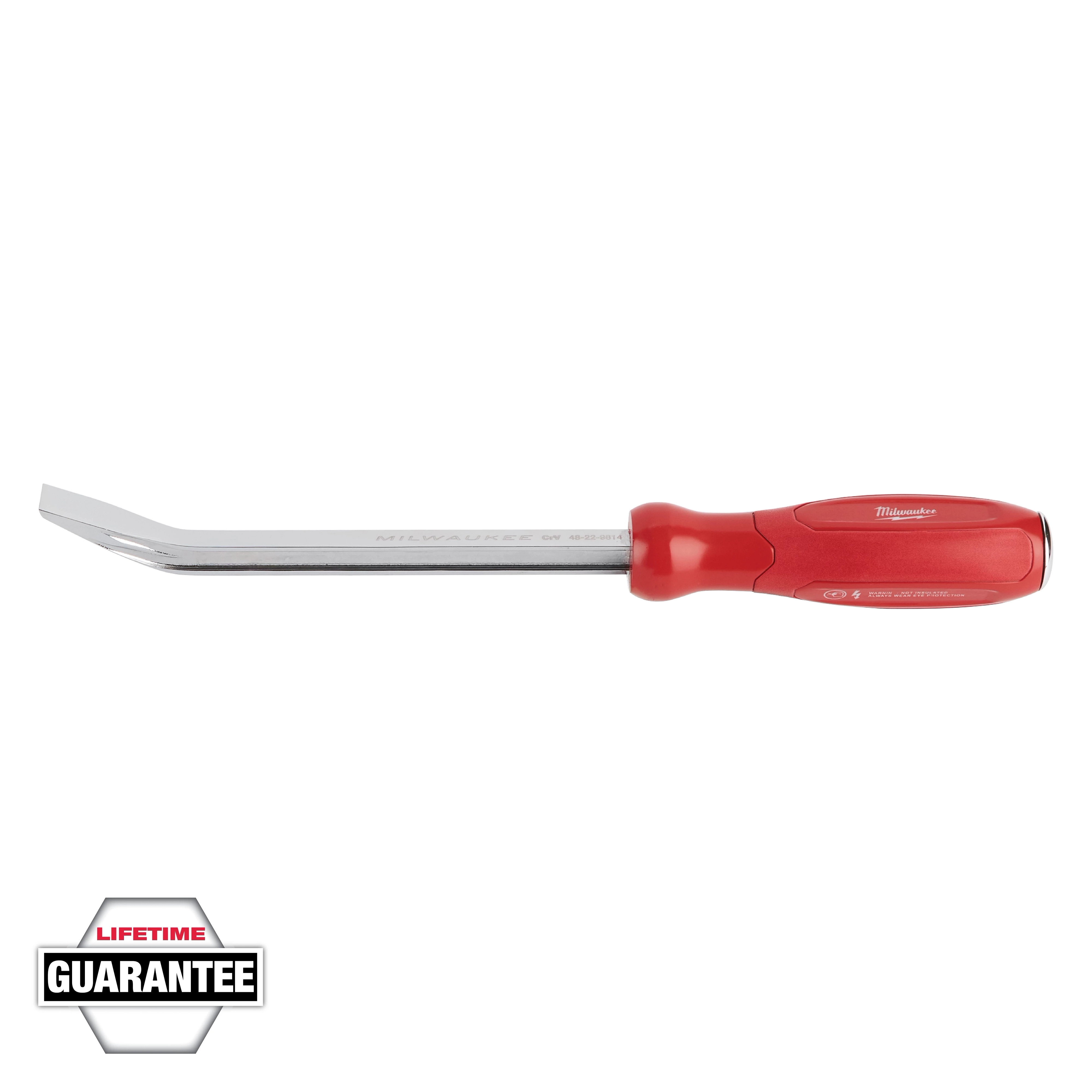 This image shows a Milwaukee screwdriver with a red handle and a flat metal blade. The tool appears new and unused. The bottom-left corner features a "Lifetime Guarantee" badge, indicating the product's durability and warranty promise.