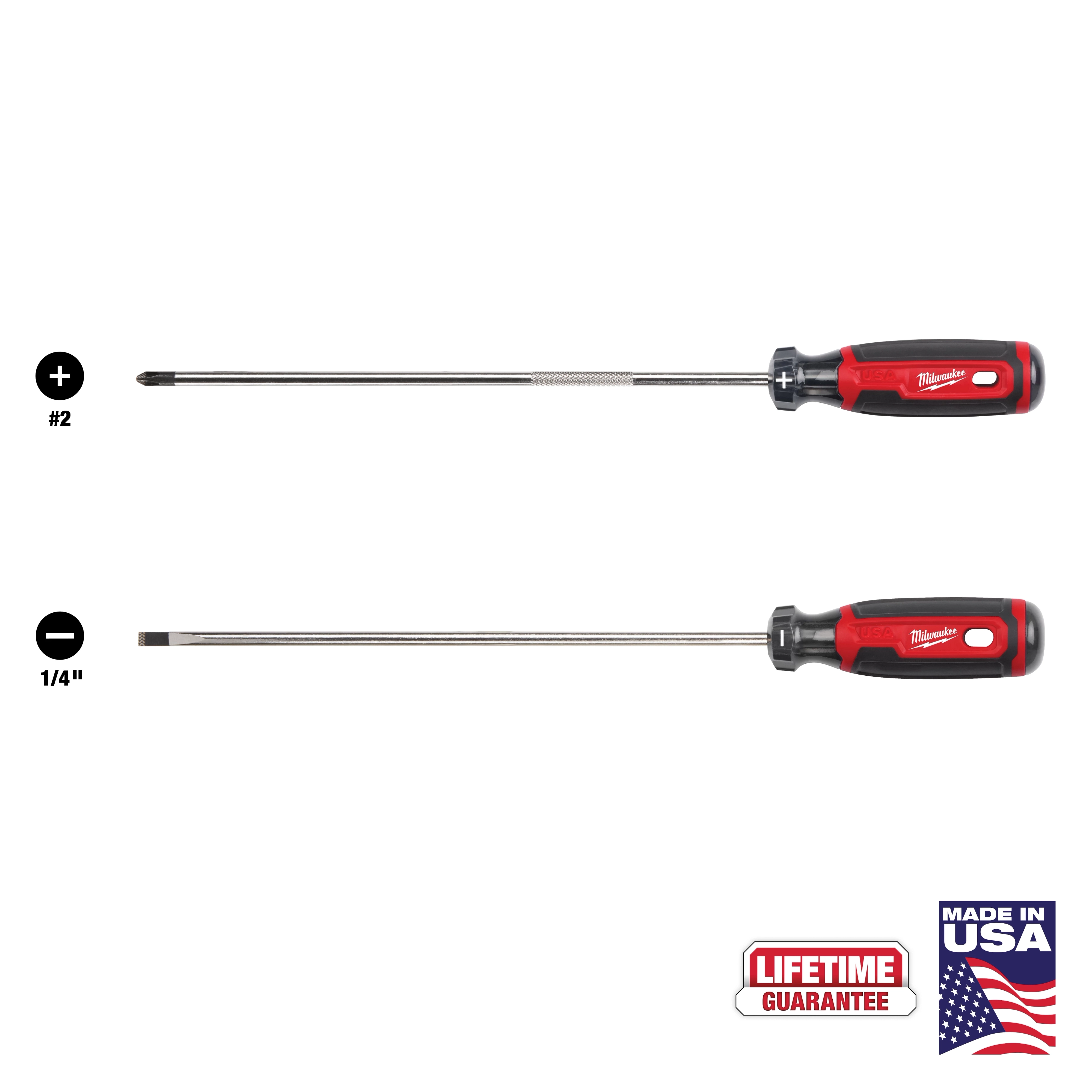 2 PC. Cushion Grip Screwdriver Set (USA) with a #2 Phillips and a 1/4-inch slotted screwdriver, both featuring red and black handles.