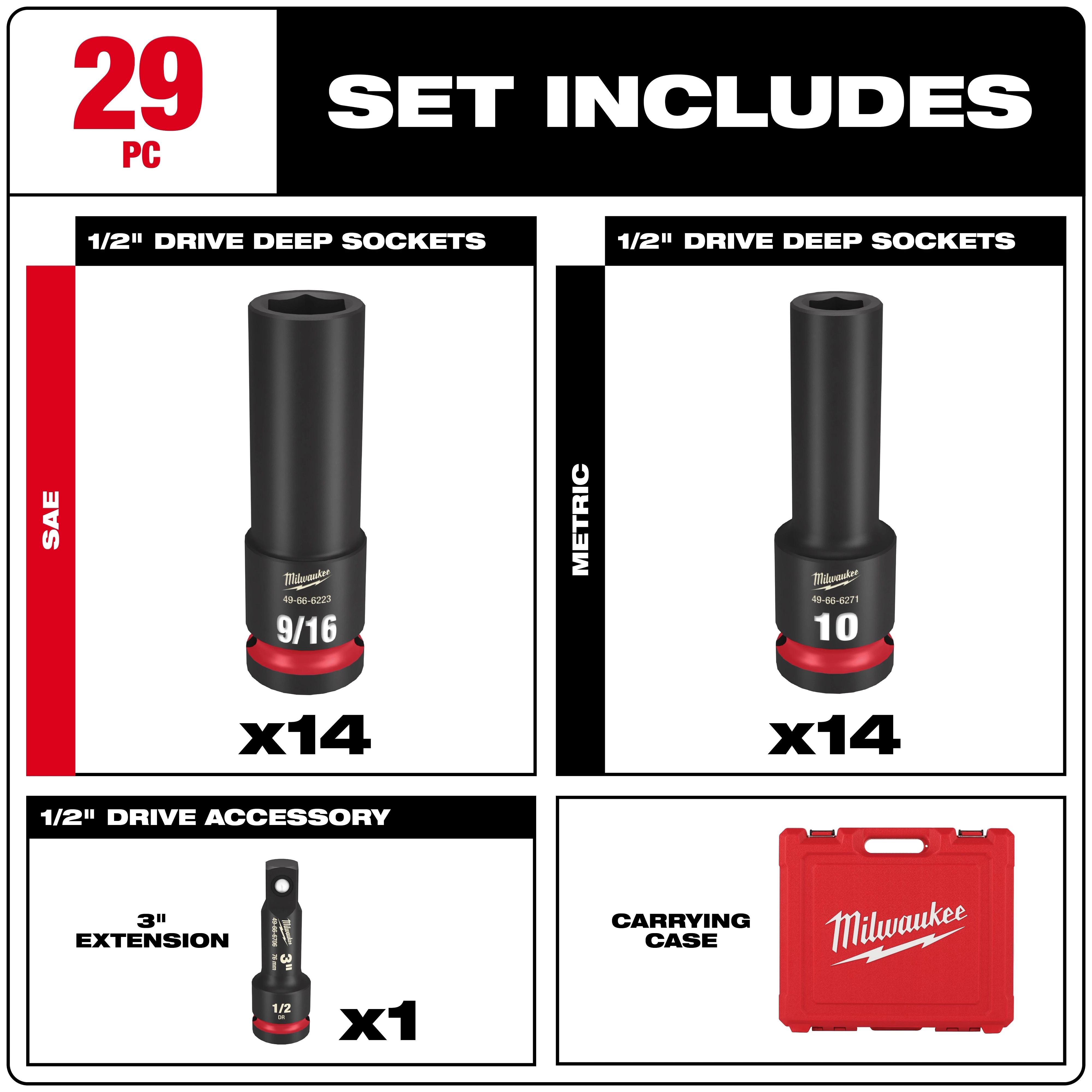 Milwaukee 29-piece 1/2" drive deep socket set includes 14 SAE sockets, 14 metric sockets, a 3" extension, and a red carrying case with the Milwaukee logo.