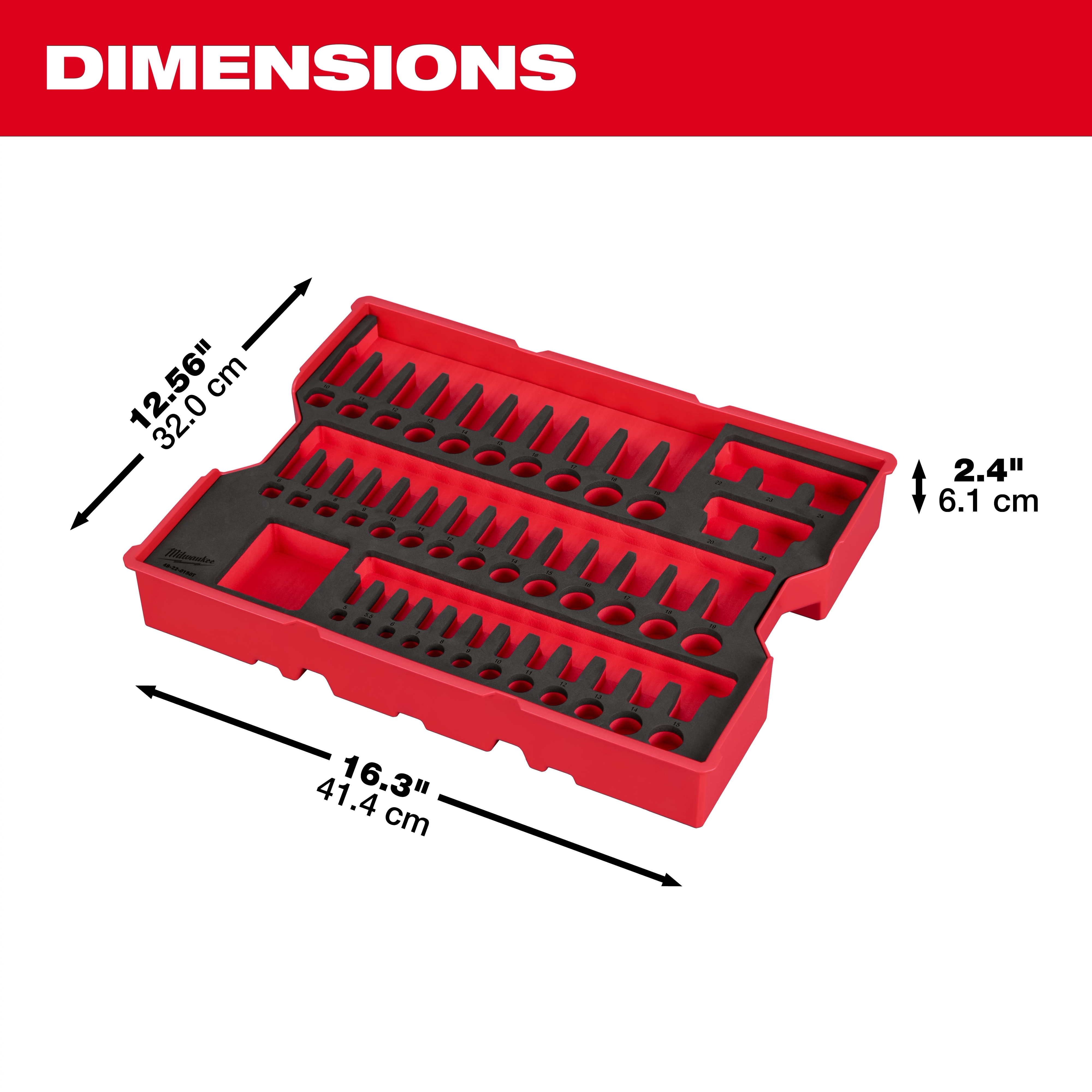 Bare Tray for 77pc. 1/4”, 3/8”, & 1/2” Drive Metric Socket Set for PACKOUT™ Drawers. The red tray has dimensions labeled as 12.56” x 16.3” x 2.4”. The interior features black foam inserts to organize socket sizes, arranged in three rows with various slot shapes.
