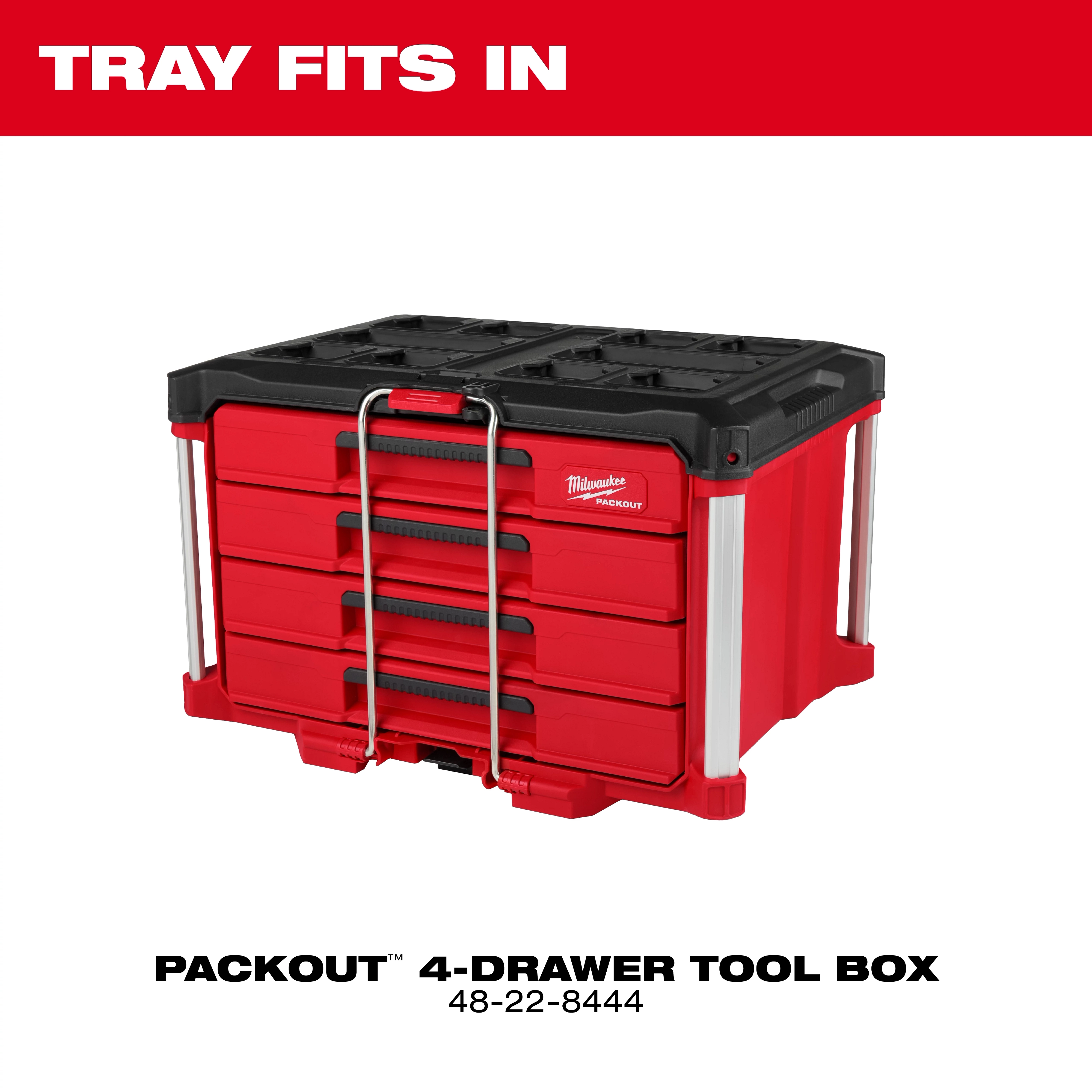 The 366pc. Master Mechanics Hand Tool Set with PACKOUT™ Drawers and Dolly fits into PACKOUT™ 4-Drawer, 3-Drawer, 2-Drawer, and Multi-Depth 3-Drawer Tool Boxes. There are four red and black tool boxes shown, each with varying drawer configurations.