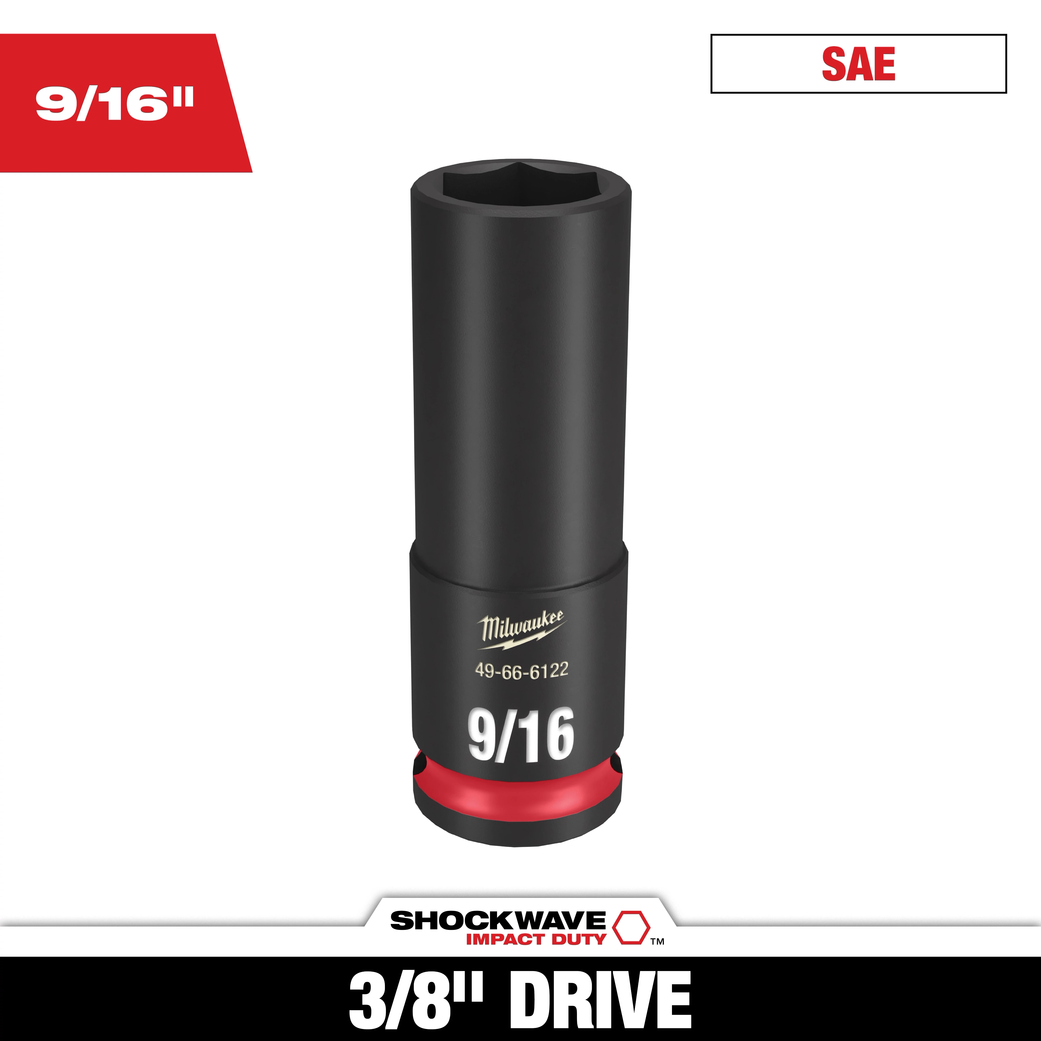 The image shows a SHOCKWAVE 3/8 in. Drive 9/16 in. Deep 6 Point Impact Socket 1 Pack. The socket features the Milwaukee logo, product number 49-66-6122, and "9/16" written prominently. It is black with a red ring, designed for impact duty and SAE standard.