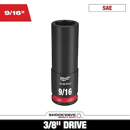The image shows a SHOCKWAVE 3/8 in. Drive 9/16 in. Deep 6 Point Impact Socket 1 Pack. The socket features the Milwaukee logo, product number 49-66-6122, and "9/16" written prominently. It is black with a red ring, designed for impact duty and SAE standard.