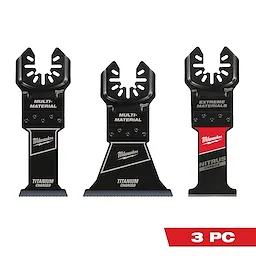 The image displays the OPEN-LOK™ 3 PC Multi-Material Oscillating Multi-Tool Blade Set, featuring three black blades. Each blade has a unique design and is labeled for multi-material use, titanium charged, and Nitrus carbide extreme materials. A red "3 PC" label is in the bottom right corner.