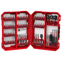 The image shows a red hard case containing the SHOCKWAVE™ Impact Duty Driver Bit Set - 80PC. The set includes various sizes of driver bits organized in slots on both sides of the case, with an array of accessories and tools included.