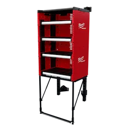 The PACKOUT™ Rack Kit features a bright red, vertical storage system with multiple adjustable shelves. It includes a pegged internal structure and branding by Milwaukee on the sides. The unit is supported by sturdy black legs, making it a robust tool-organizing solution.