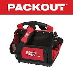 Milwaukee Packout tool bag with red and black design, adjustable shoulder strap, and side pockets. Large logo on top.