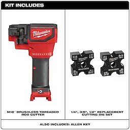 The Milwaukee M18 Brushless Threaded Rod Cutter kit includes the rod cutter, an Allen key, and replacement cutting dies for 1/4", 3/8", and 1/2" threaded rods. The rod cutter is red and black, featuring the Milwaukee logo and "Brushless" written on the side.