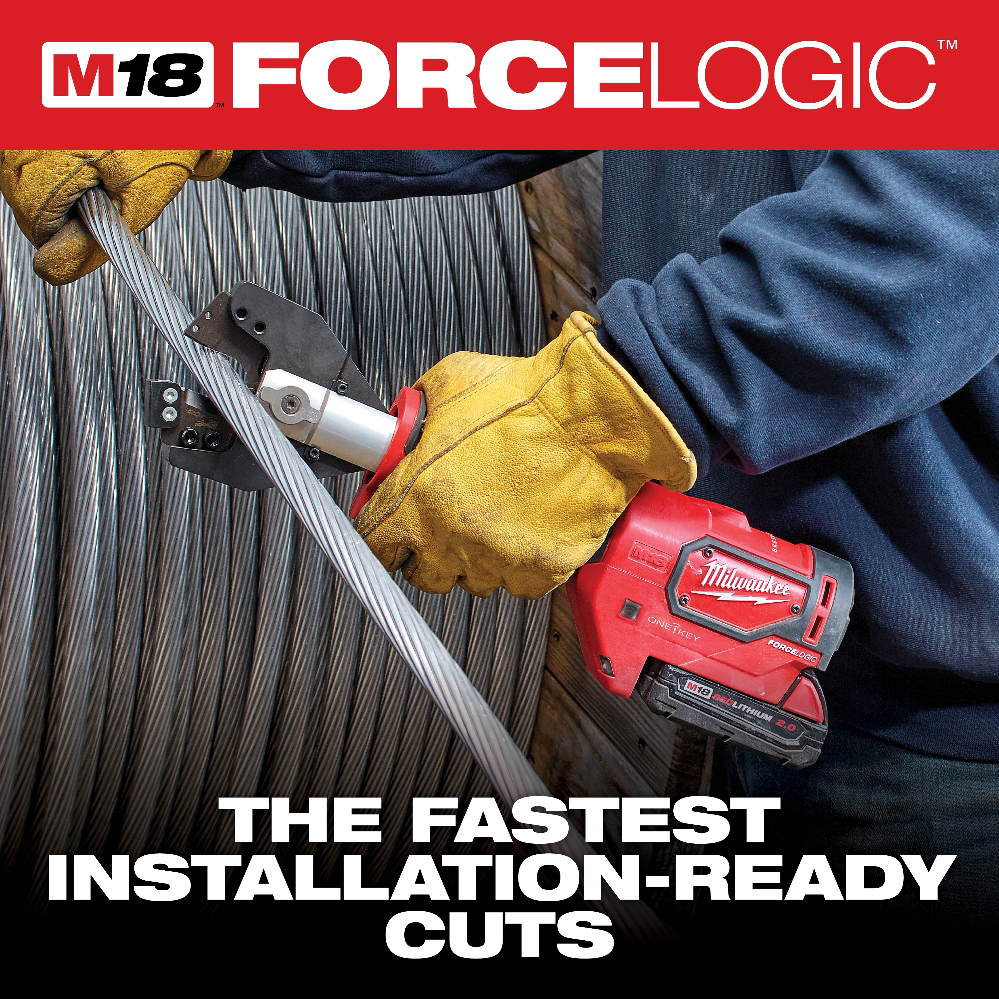 A worker uses the Milwaukee M18 FORCE LOGIC tool to cut through a metal pipe. The tool is advertised as providing the fastest installation-ready cuts, emphasizing efficiency and performance. A spool of wire is visible in the background. The worker is wearing protective yellow gloves and a blue long-sleeve shirt.