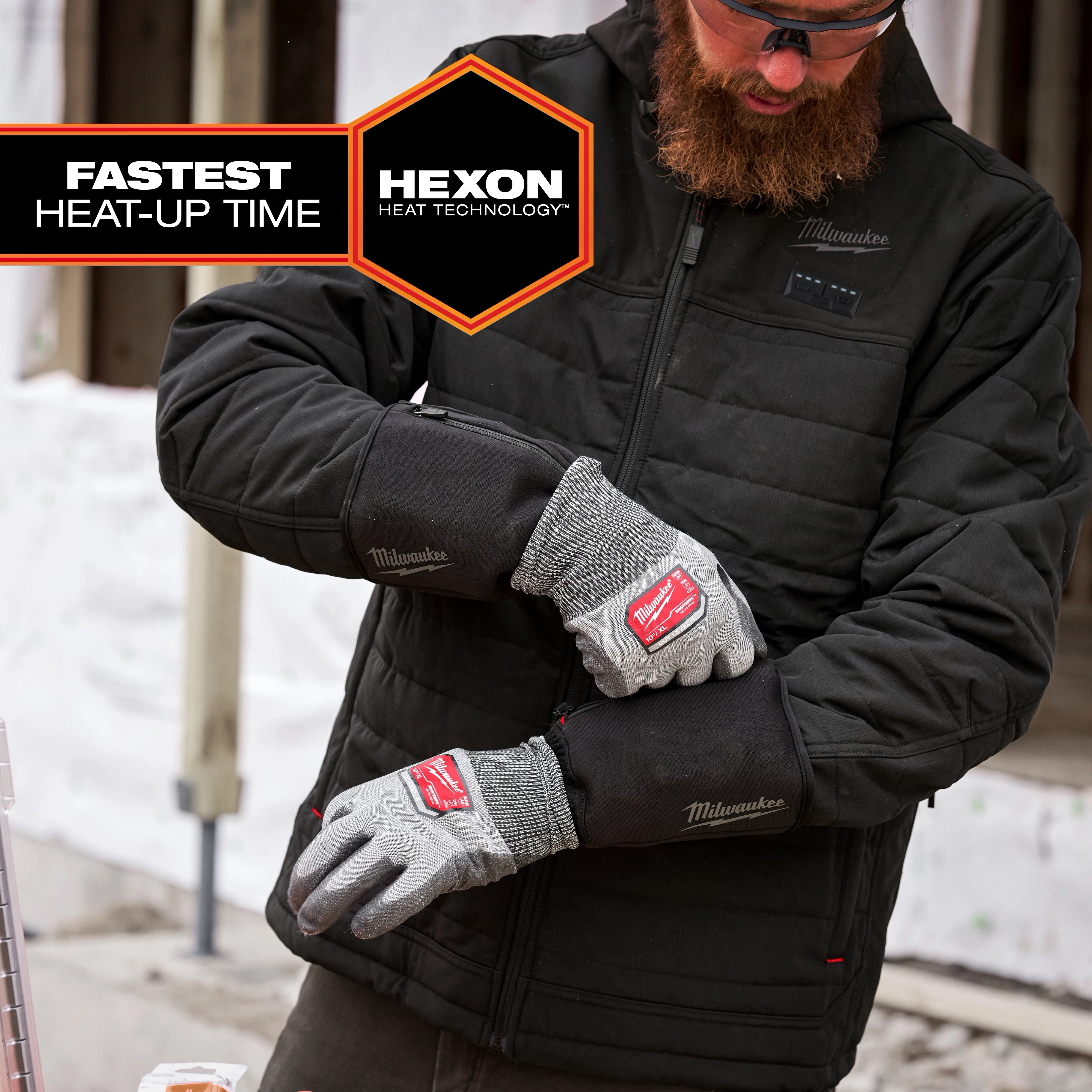 A person wearing Milwaukee Heated Work Glove Liners adjusts the gloves while dressed in a black jacket. The image highlights "fastest heat-up time" and "Hexon heat technology" as key features.