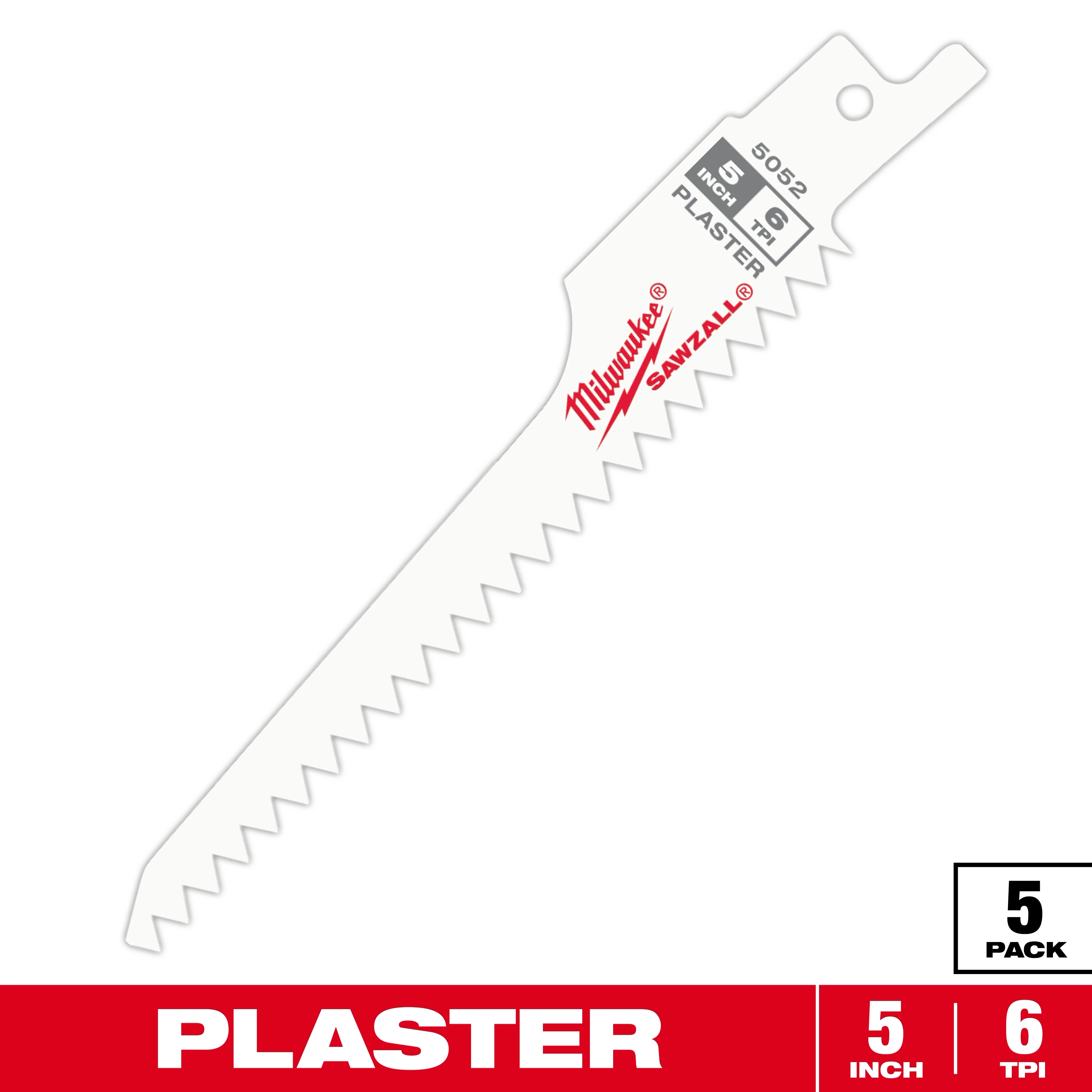 Milwaukee Sawzall Reciprocating Saw Blade designed for plaster applications. The blade measures 5 inches in length with 6 teeth per inch. It is labeled with "Plaster" and sold in a pack of five. The blade features the Milwaukee logo in red.