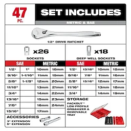 47PC 1/2" DR RTCHT/SCKT SET-PACKOUT