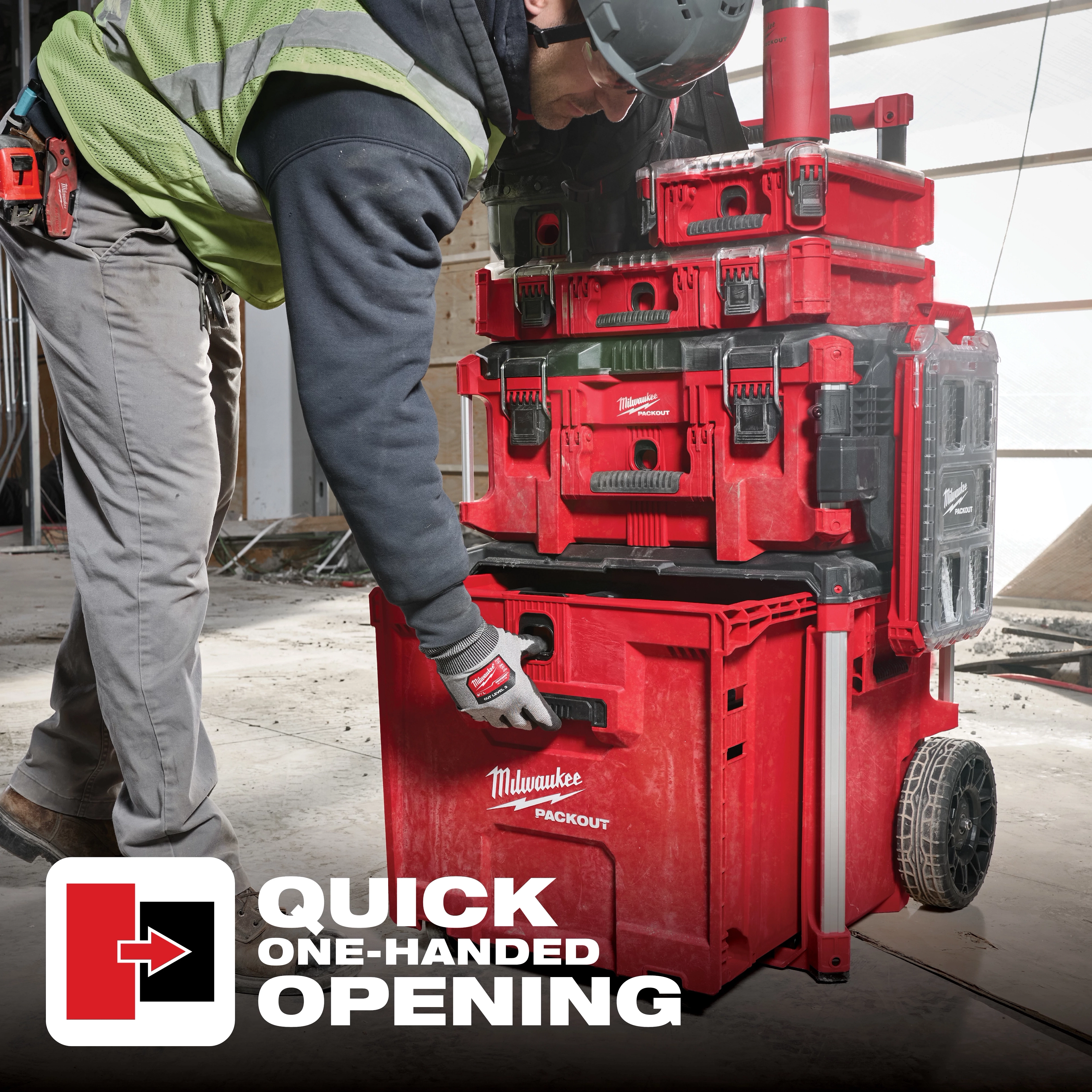 A worker uses one hand to open the Milwaukee Packout storage system. Text overlay reads, "Quick One-Handed Opening."