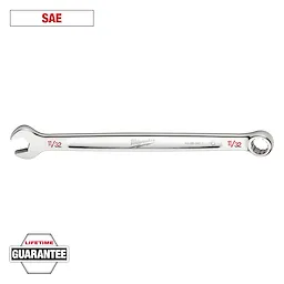The image shows an 11/32 Milwaukee SAE combination wrench featuring an open-end and a box-end. "Lifetime Guarantee" is indicated at the bottom left of the image in a badge format. The wrench is made of chrome and marked with "45-96-0411" on its handle.