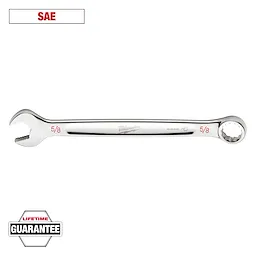 This image shows a Milwaukee 5/8 SAE combination wrench with an open-end and a boxed-end highlighted in red. The tool is meant for turning bolts and nuts. A "Lifetime Guarantee" badge is displayed at the bottom left corner of the image.