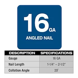 M18 FUEL™ 16 Gauge Angled Finish Nailer Nail Specs