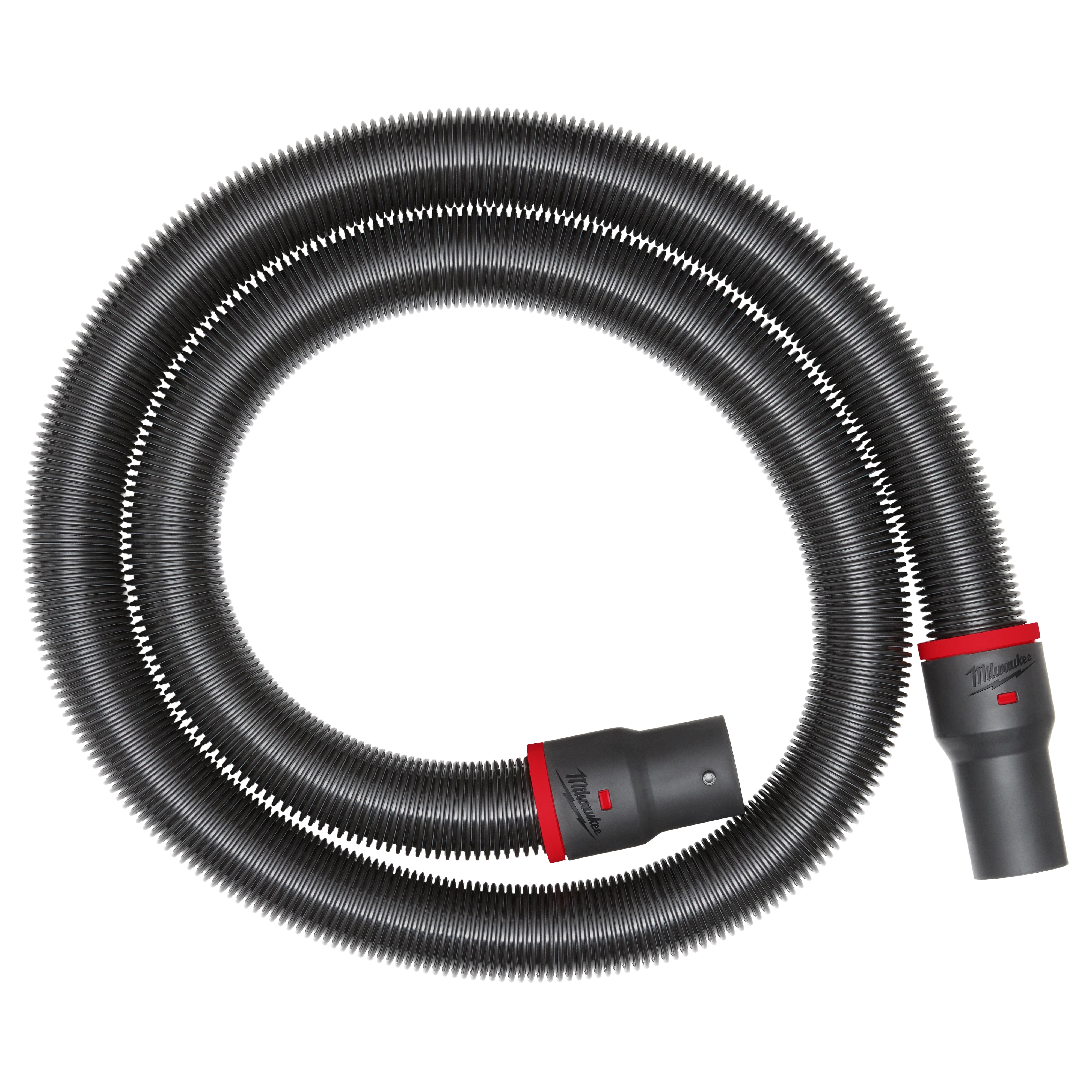 The 2-1/2” x 9' Flexible Hose is black with ribbed texture and features two connectors at either end. The connectors are gray with red accents. The hose is coiled in a circular shape.