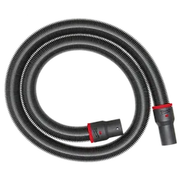 The 2-1/2” x 9' Flexible Hose is black with ribbed texture and features two connectors at either end. The connectors are gray with red accents. The hose is coiled in a circular shape.
