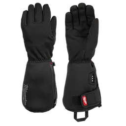 Heated Winter Gloves in black feature a durable design with adjustable cuffs and a built-in heating element. The image shows both the palm and back views of the gloves, highlighting the control button and battery pocket with a zip closure for easy access.