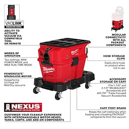 The M18 FUEL™ NEXUS™ 6 Gallon Wet/Dry Vacuum with PACKOUT™ Compatibility & VACLINK™ features a brushless motor, two operation modes, and modular connectivity. It includes hose storage clips, accessory storage, foot brake, and the ability to activate via compatible tool or remote for enhanced versatility.