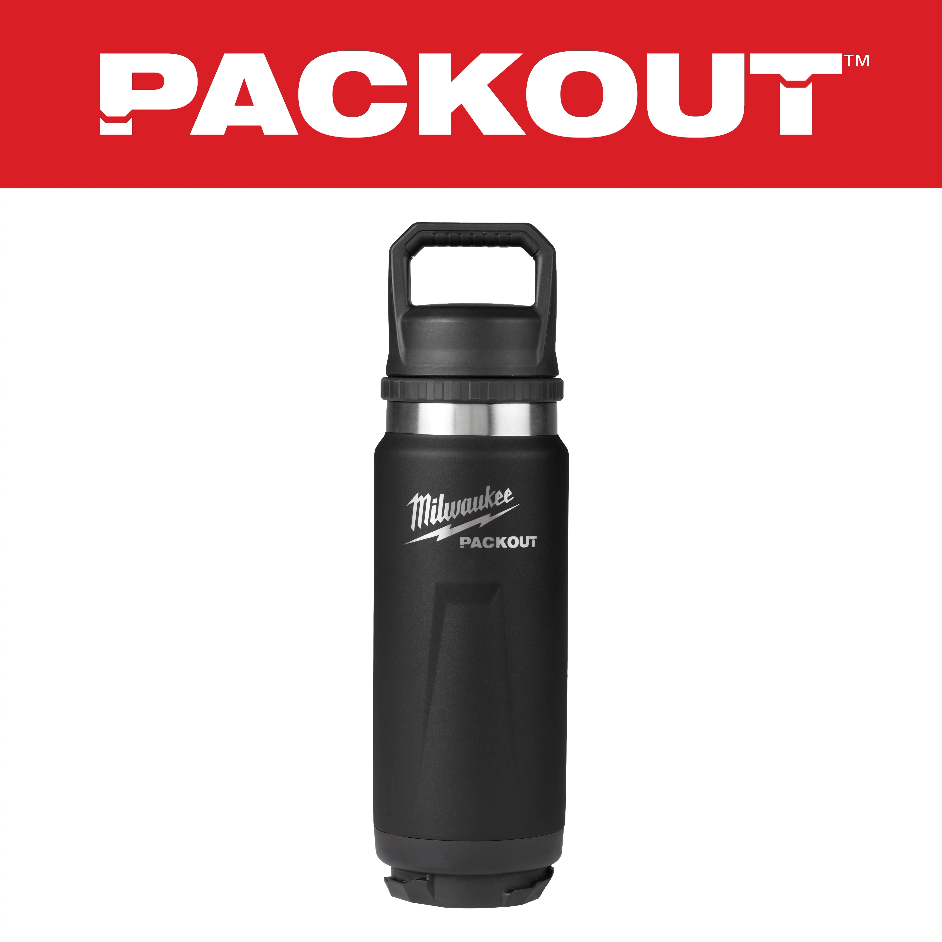 PACKOUT 24oz Insulated Bottle with Chug Lid, made of black stainless steel, featuring a handle and the Milwaukee logo.
