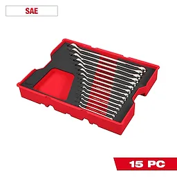 15pc. SAE Combination Wrench Set with Tray for PACKOUT™ Drawers includes 15 silver wrenches neatly organized in a custom red tray. The tray is designed to fit PACKOUT™ storage drawers, with a designated space for each wrench and an additional compartment.