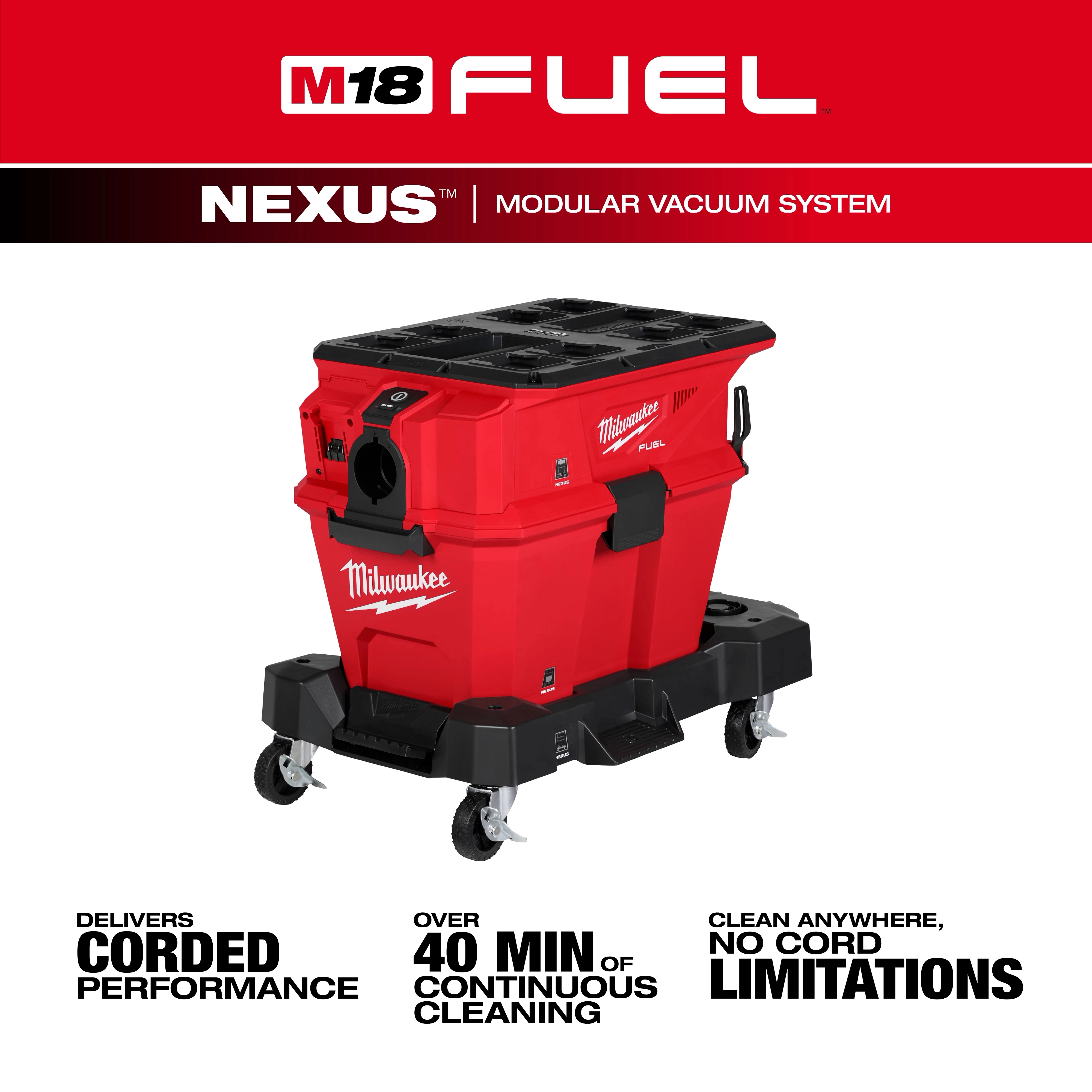 Milwaukee M18 FUEL NEXUS Modular Vacuum System in red and black, featuring a durable build with wheels. It offers corded performance, over 40 minutes of continuous cleaning, and the convenience of cleaning anywhere without cord limitations.