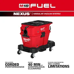 Milwaukee M18 FUEL NEXUS Modular Vacuum System in red and black, featuring a durable build with wheels. It offers corded performance, over 40 minutes of continuous cleaning, and the convenience of cleaning anywhere without cord limitations.