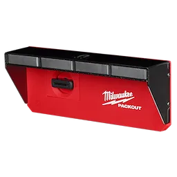 Milwaukee PACKOUT Magnetic Rack in red with black top, featuring a mount for tool organization. Milwaukee logo displayed in white.