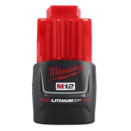 The image shows a Milwaukee M12 REDLITHIUM CP 3.0 battery pack. The battery has a red and black design, with the Milwaukee logo and product name displayed on the front. It is a compact, high-performance Lithium-ion battery.