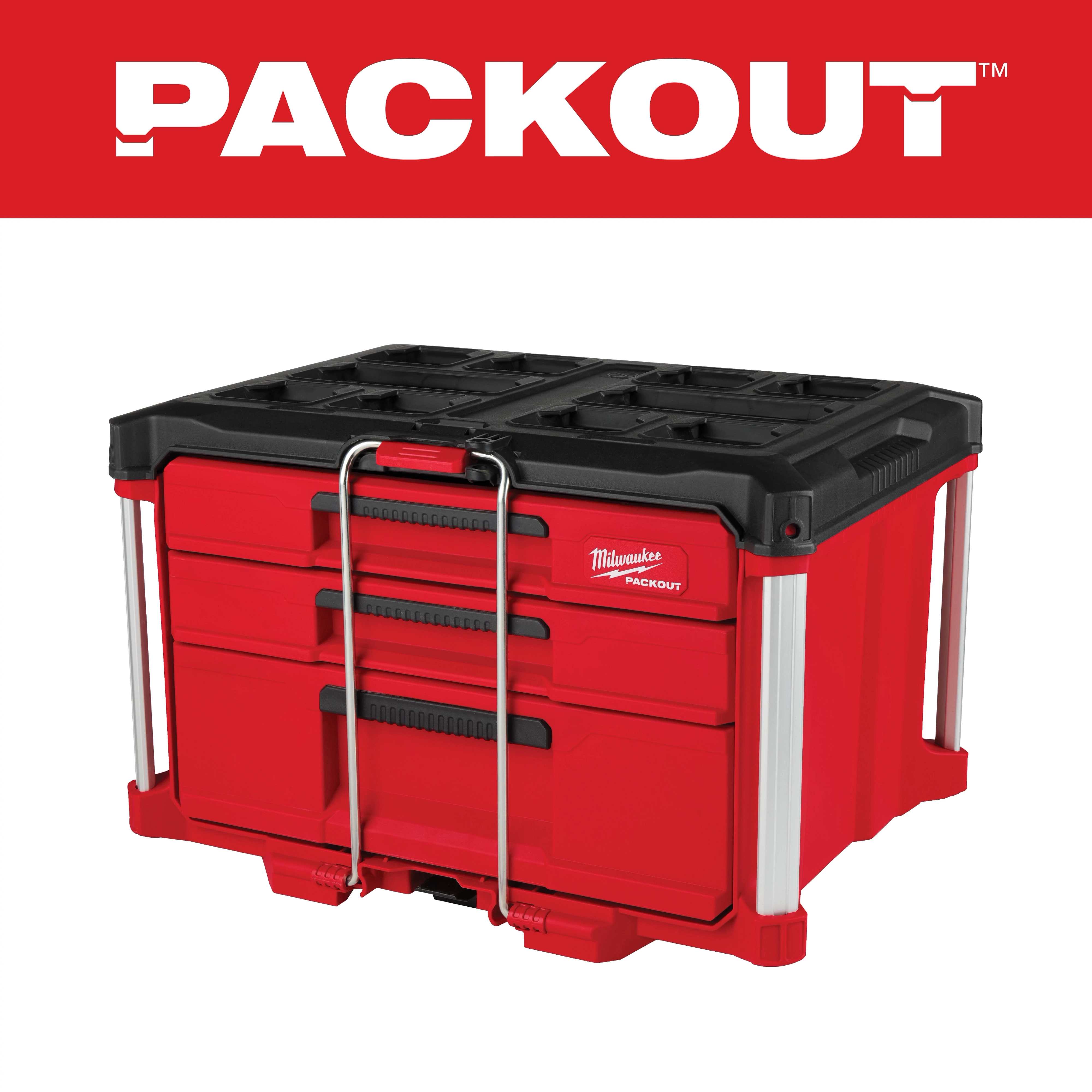 PACKOUT Multi-Depth 3-Drawer Tool Box, a red and black tool storage unit with three drawers and a metal handle, shown against a white background.