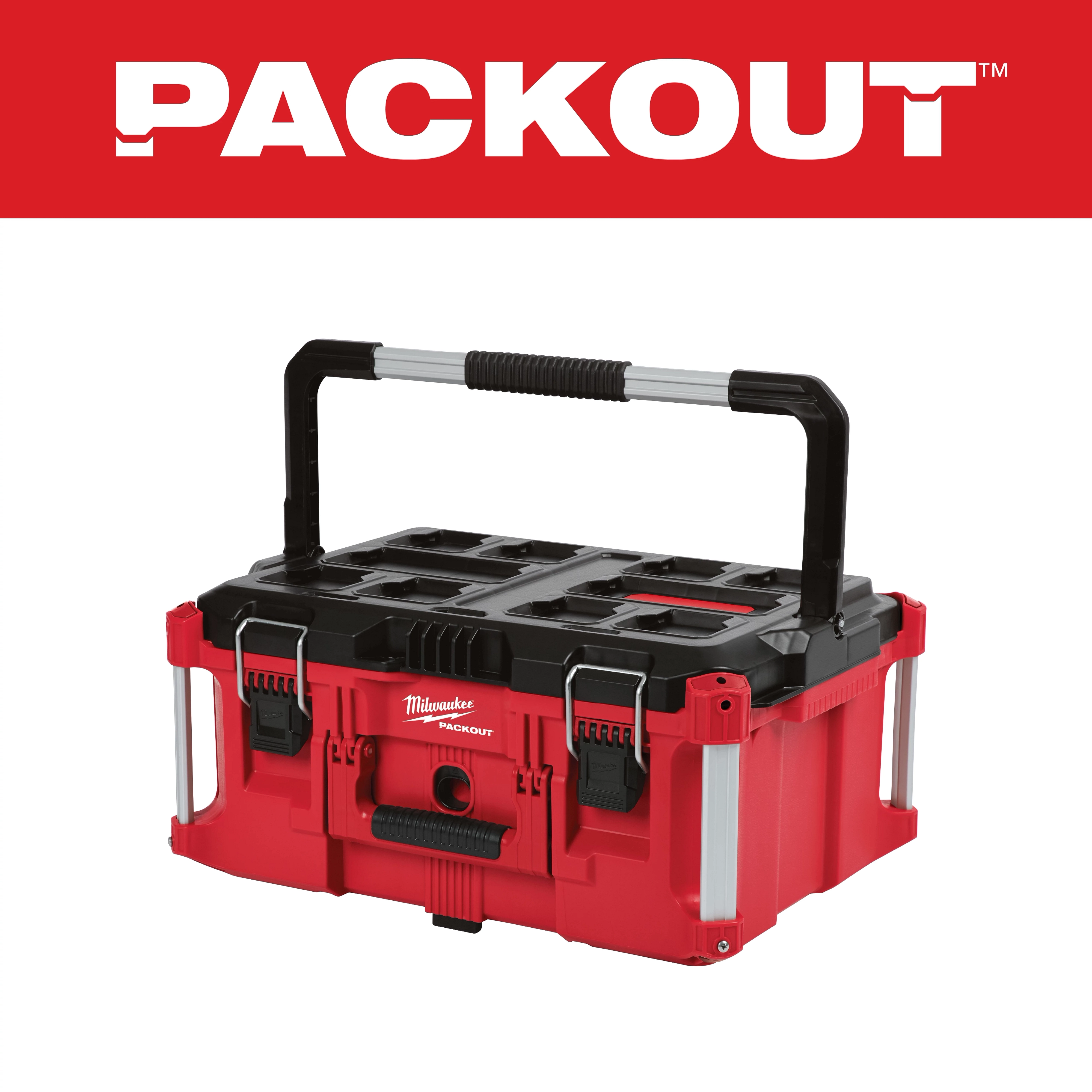 Red PACKOUT Large Tool Box with a reinforced handle, dual locking latches, and a durable black lid for tool organization.