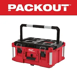 Red PACKOUT Large Tool Box with a reinforced handle, dual locking latches, and a durable black lid for tool organization.
