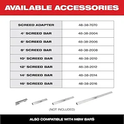 The image lists available accessories for screed bars with part numbers, including a screed adapter, and 4-foot to 16-foot screed bars. It also shows four screed bar images labeled "Not Included," and a note stating compatibility with MBW bars. The header reads "AVAILABLE ACCESSORIES."