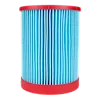 The image displays a MILWAUKEE® Large Wet/Dry Vacuum High Efficiency Filter. The filter is cylindrical, blue with vertical pleats, and has red plastic caps on the top and bottom.
