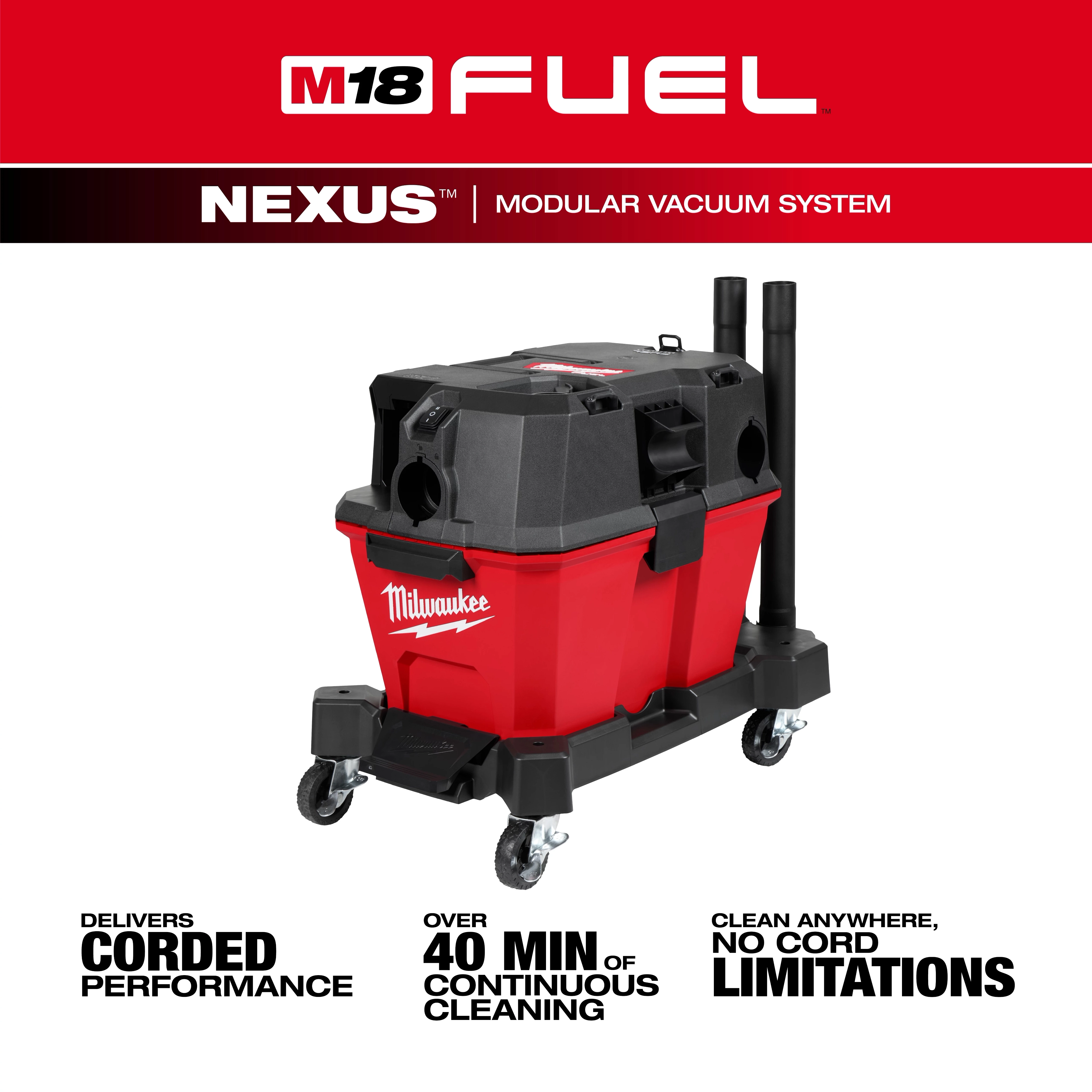 The M18 FUEL™ NEXUS™ 6 Gallon Wet/Dry Vacuum is a red and black cordless vacuum system. It features durable wheels and multiple hose ports, and promises over 40 minutes of continuous cleaning with no cord limitations.