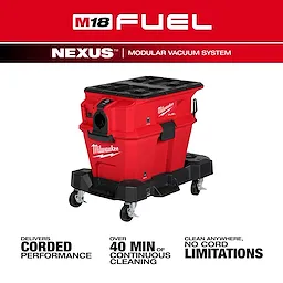 The M18 FUEL™ NEXUS™ 6 Gallon Wet/Dry Vacuum with PACKOUT™ Compatibility & VACLINK™ is a modular vacuum system by Milwaukee. It features over 40 minutes of continuous cleaning and delivers corded performance with no cord limitations. The vacuum is red and mounted on four caster wheels.