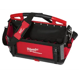 Milwaukee PACKOUT Modular Storage System: 20 inch Tote. Red and black tote bag with shoulder strap and multiple compartments.